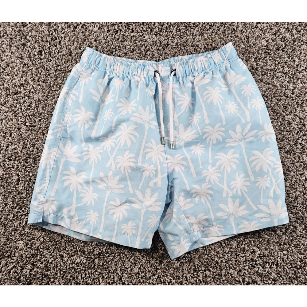 Franks Mens Sz S Swimsuit Swim Trunks Light Blue Palm Tree Print Lined